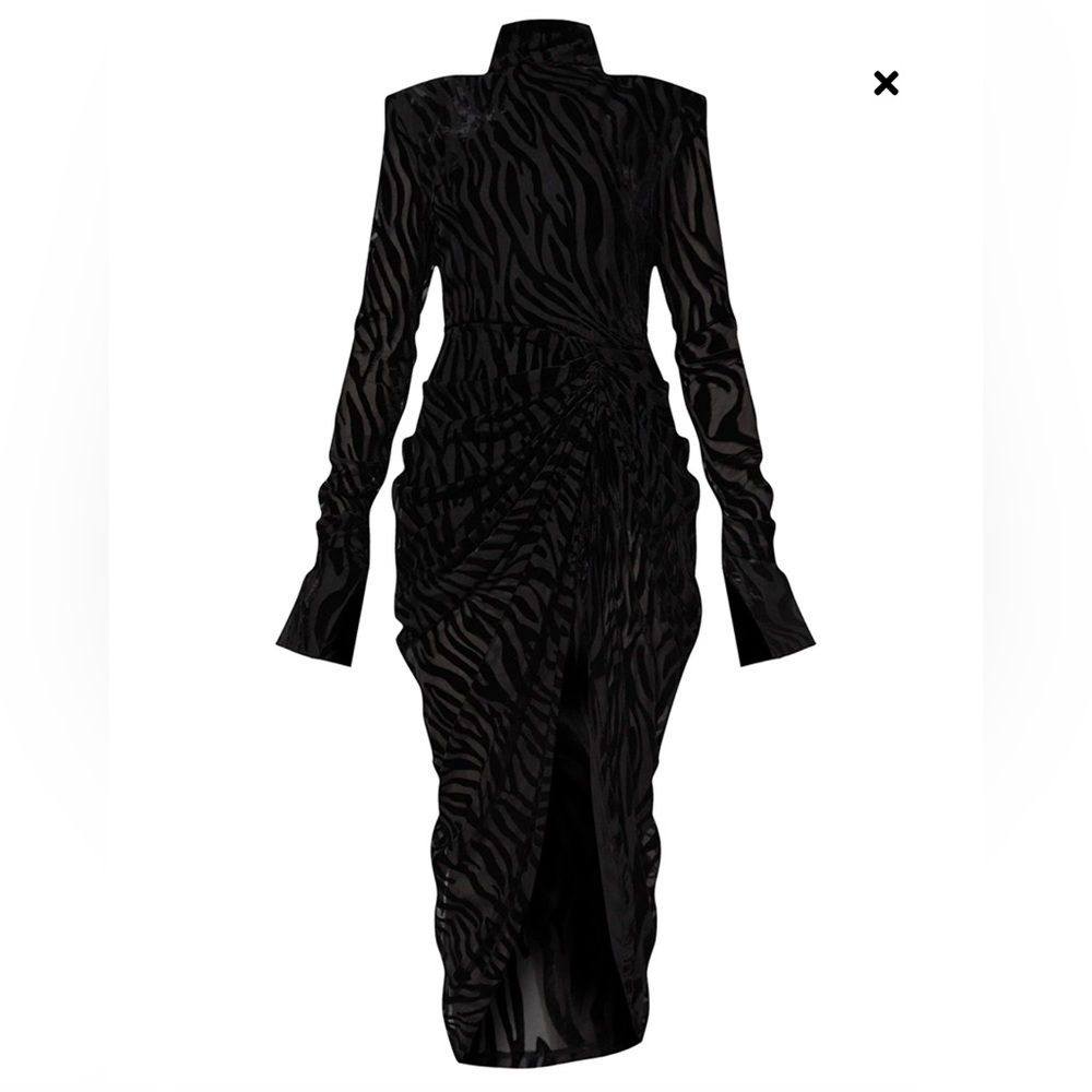 PrettyLittleThing Black Zebra Devore High Neck Draped Midi Dress